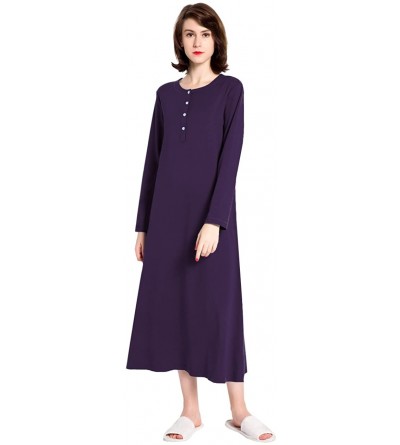 Nightgowns & Sleepshirts Cotton Knit Long Sleeve Nightgown for Women- Henley Full Length Sleep Dress - Purple - CU18Q3ZIDSO $...