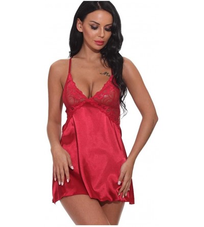 Sets Womens Sexy Wireless Rimless Pajamas Lace Nightdress Silk Underwear Sleepwear - Red - CP193Q5SN7S $11.09