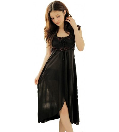 Nightgowns & Sleepshirts Women's Long Sleepwear Nightgown Retro Lace Bow Nightdress One Size - Black - CC11WVO22AP $39.76