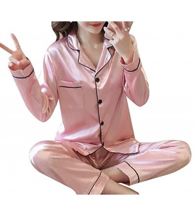 Sets Women's Satin Pajama Set Long Sleeve Silk Sleepwear Loungewear Pj Sets - Pink - CJ18N9A6CMA $22.21