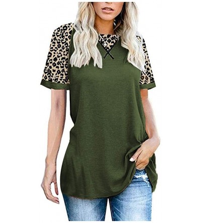 Robes Blouse- Casual Leopard Shirts- Womens Summer Short Sleeve Round Neck Color Block Loose Tunics Tops - Army Green - CK197...