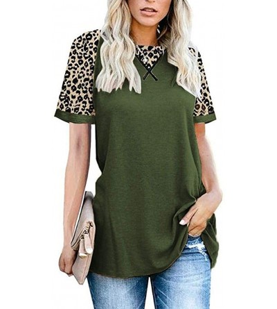 Robes Blouse- Casual Leopard Shirts- Womens Summer Short Sleeve Round Neck Color Block Loose Tunics Tops - Army Green - CK197...