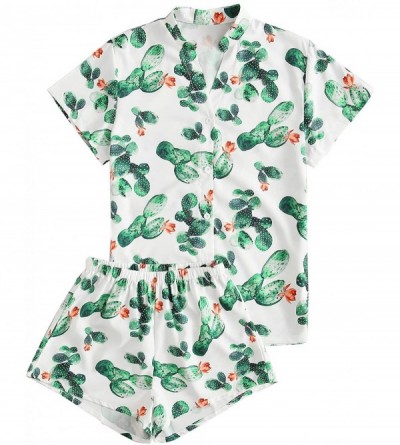 Sets Women's Short Sleeve Sleepwear Button Down Satin 2 Piece Pajama Set - White Green - CP19E002S59 $30.42