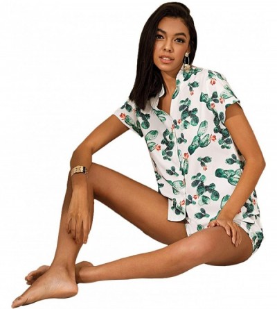 Sets Women's Short Sleeve Sleepwear Button Down Satin 2 Piece Pajama Set - White Green - CP19E002S59 $30.42
