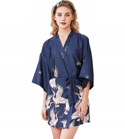 Robes Womens Casual 3/4 Sleeve Kimono Style Nightgown Sleep Shirt Floral Print Night Robe Summer Beach Bath Robe Navy - CD198...