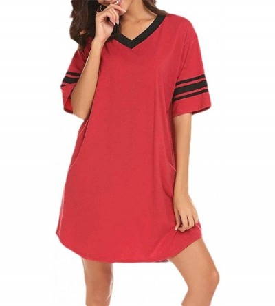 Nightgowns & Sleepshirts Womens Plus-Size V-Neck Splice Cotton Micro Modal Casual Sleep Dres - Red - CE19CK3MEUG $59.00
