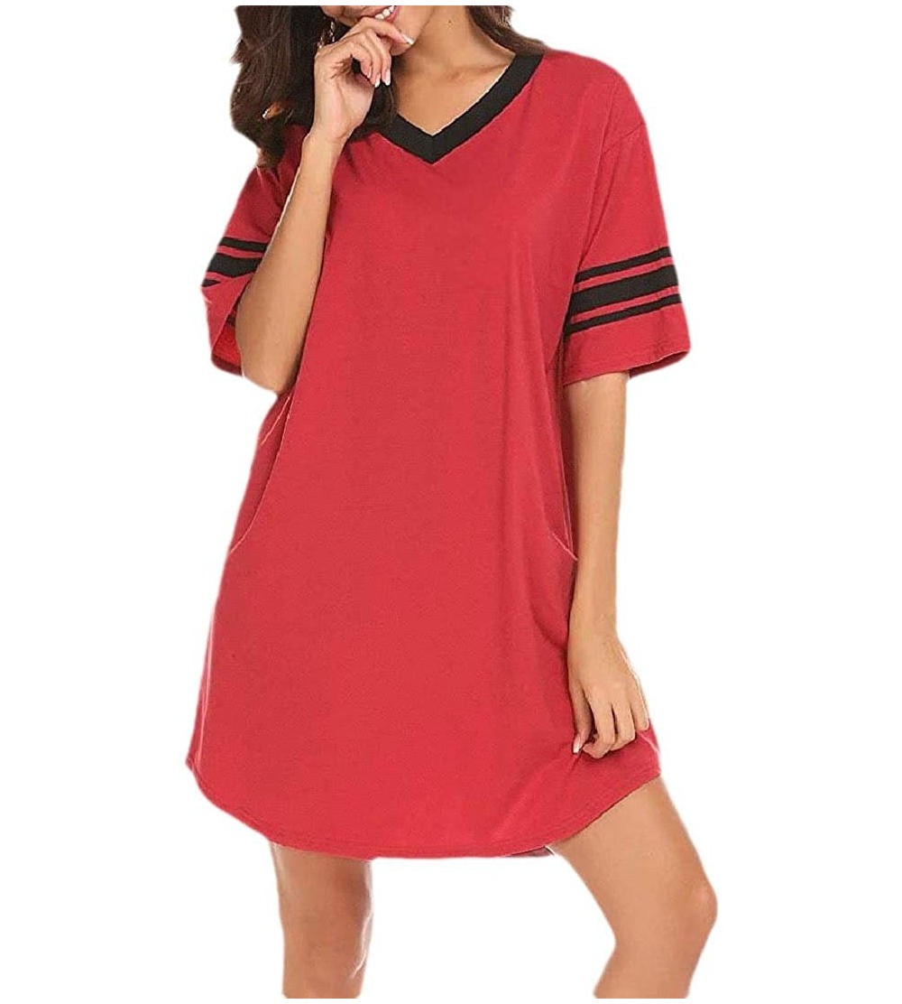Nightgowns & Sleepshirts Womens Plus-Size V-Neck Splice Cotton Micro Modal Casual Sleep Dres - Red - CE19CK3MEUG $21.21