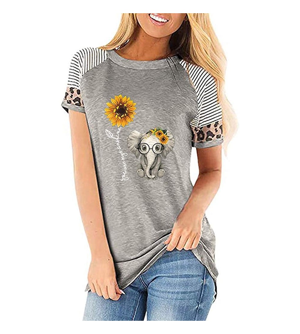 Thermal Underwear Women's Sunflower Leopard Patchwork Short Sleeve O-Neck Print Casual Top T-Shirt - P-gray - CJ197LWXEOT $16.24