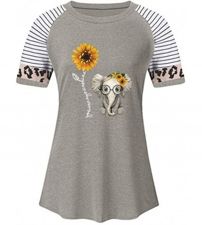 Thermal Underwear Women's Sunflower Leopard Patchwork Short Sleeve O-Neck Print Casual Top T-Shirt - P-gray - CJ197LWXEOT $16.24