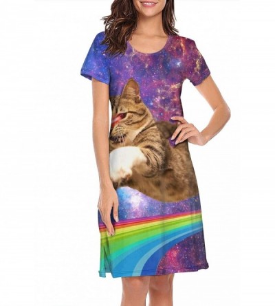 Nightgowns & Sleepshirts Nightgown Womens Sleepwear Galaxy Cat Funny Kitty Blue Best Nightshirt Nightwear - Rainbow Laser Eye...