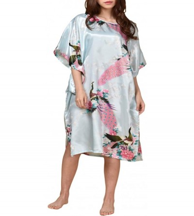 Nightgowns & Sleepshirts Womens Satin Nightgown- Floral Print Kaftan Sleepwear- One Size Fits up to 16/18 - Sky Blue - CO18M3...