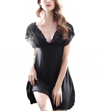 Nightgowns & Sleepshirts Women's Soft Lace Nightgown Dress Short Sleeves Modal V Neck Solid Color Sleepwear - Black - CD18U2C...