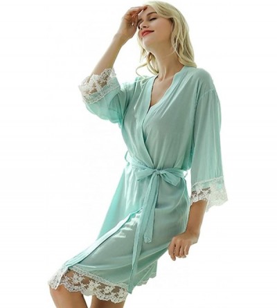 Robes Women Pure Color Kimono Robe Lace-Trim Short Robes Satin Bridesmaid Sleepwear - Light Green - CP197XAMHM2 $19.43