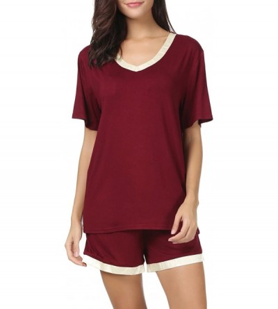 Sets Women Nightwear Short Sleeve Shirt and Shorts Pajama Set V Neck Sleepwear - Wine Red - CB18CAGZM2W $24.41