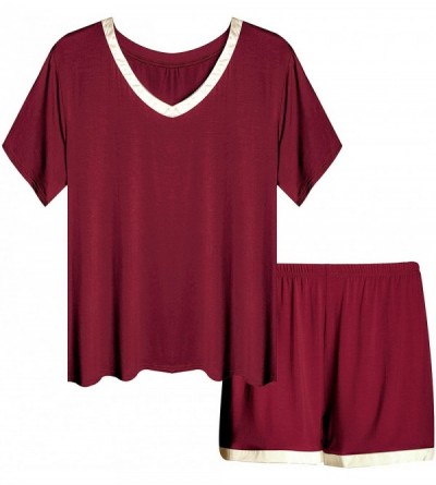 Sets Women Nightwear Short Sleeve Shirt and Shorts Pajama Set V Neck Sleepwear - Wine Red - CB18CAGZM2W $24.41