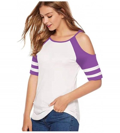 Bras Women Casual Blouse Large Size Sling Off Shoulder Short Sleeve Colorblock T Shirt Tunics - Purple - CL193GN63AE $31.61