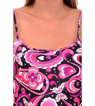 Nightgowns & Sleepshirts Womens Satin Printed Nightgown- Long Camisole Chemise - 70s Pink on Black - CM11QJXMXQN $21.98