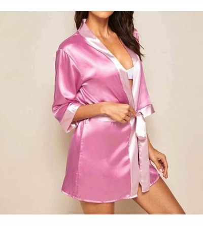 Robes Womens Robes Sexy Lace Trim Knit Soft Lightweight Long Sleeve Sleepwear S-XXXL - Hot Pink - C51942MGG4D $16.90