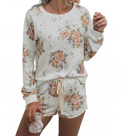 Sets Women Tie-dye Lounge Set Long Sleeve Sweatshirt Tops with Shorts Pajamas Set Loungewear - White - CP19CD085GW $71.73