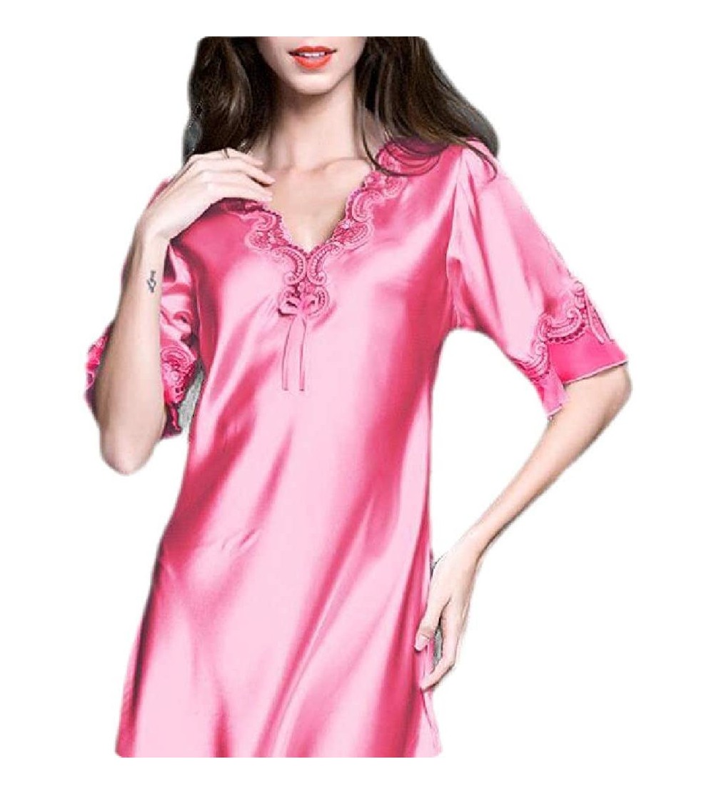 Nightgowns & Sleepshirts Women's Solid Fashion Short Sleeve V Neck Satin Loose Nightgown Nightwear - Rose Red - CR19DNOYQOU $...
