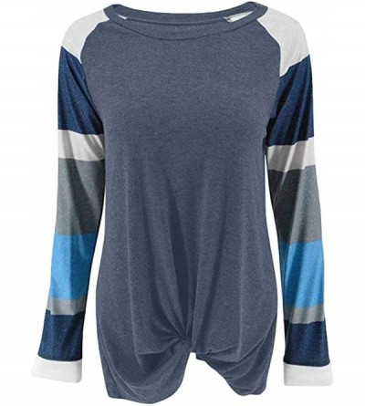 Thermal Underwear Women Twist Knot Stripe Print T-Shirt Loose Tunic Tops Long Sleeve Color Block Blouses - Light Blue - CJ192...