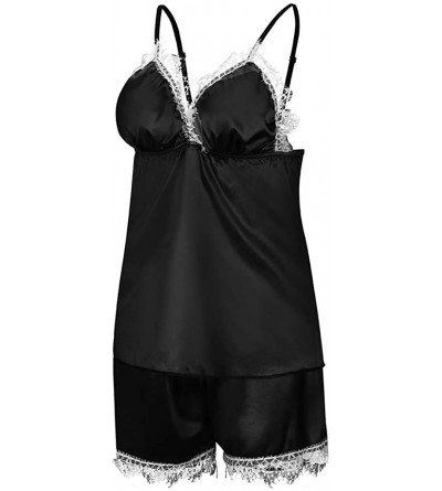 Robes Pajamas Womens Sexy Lingerie Satin Sleepwear Underwear Babydoll Short Sleepwear Set - Black - CW1970QY46X $10.01