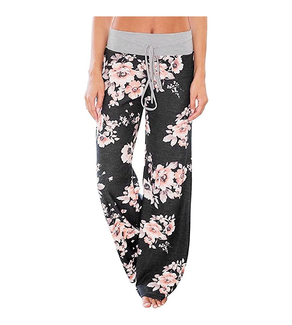Bottoms Pajama Pants for Womens Print Wide Leg Pants Stretch Drawstring Palazzo Casual Loose Trousers - CI18OMDENWH $11.62
