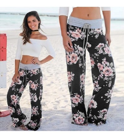 Bottoms Pajama Pants for Womens Print Wide Leg Pants Stretch Drawstring Palazzo Casual Loose Trousers - CI18OMDENWH $11.62
