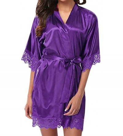 Robes Women's Ladies Kimono Short Lace Trim Kimono Robes Soft Silk Satin Bridesmaids Nightwear Loungewear - Purple - C1193C09...