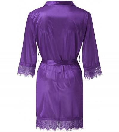 Robes Women's Ladies Kimono Short Lace Trim Kimono Robes Soft Silk Satin Bridesmaids Nightwear Loungewear - Purple - C1193C09...