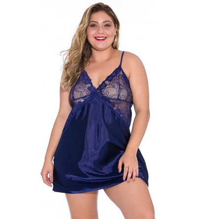 Robes Plus Size Lingerie for Women Sexy Deep V Neck Sling Backless Nightdress Cross Back Strap Chemise - Blue - C9197738Y4K $...