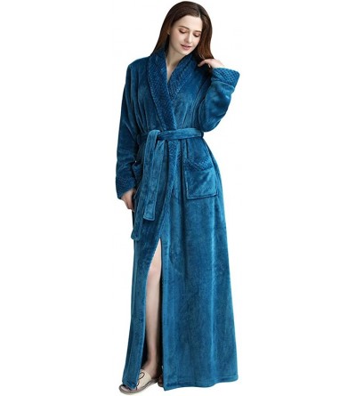 Robes Long Robes for Women Men Kimono Flannel Bathrobe Winter Loungewear Housecoat Sleepwear with Waistband Pockets Blue - CU...