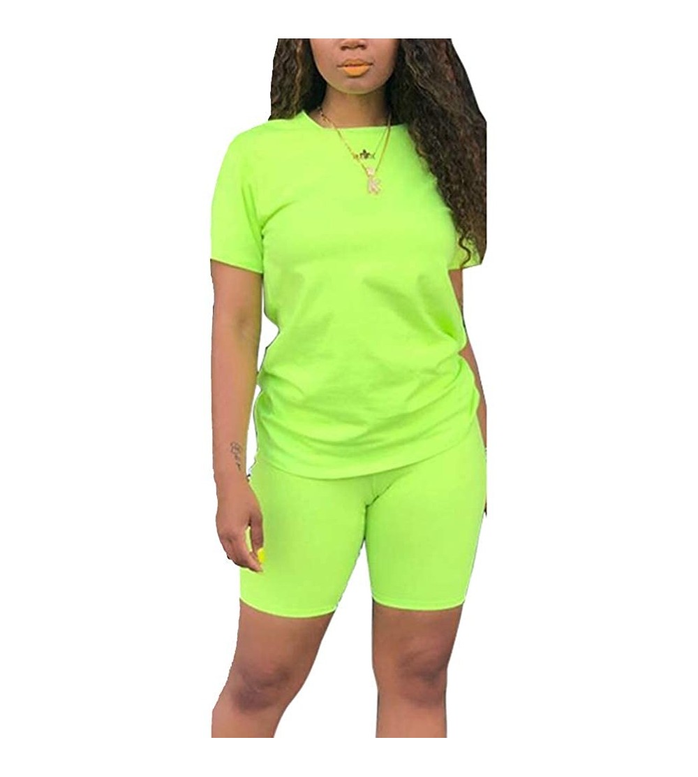 Sets Women's Short Sleeve Print 2 Pieces Outfit Tshirt Tops + Shorts Pants Set Tracksuits Set - B - Green - CG1998RZYKY $20.19