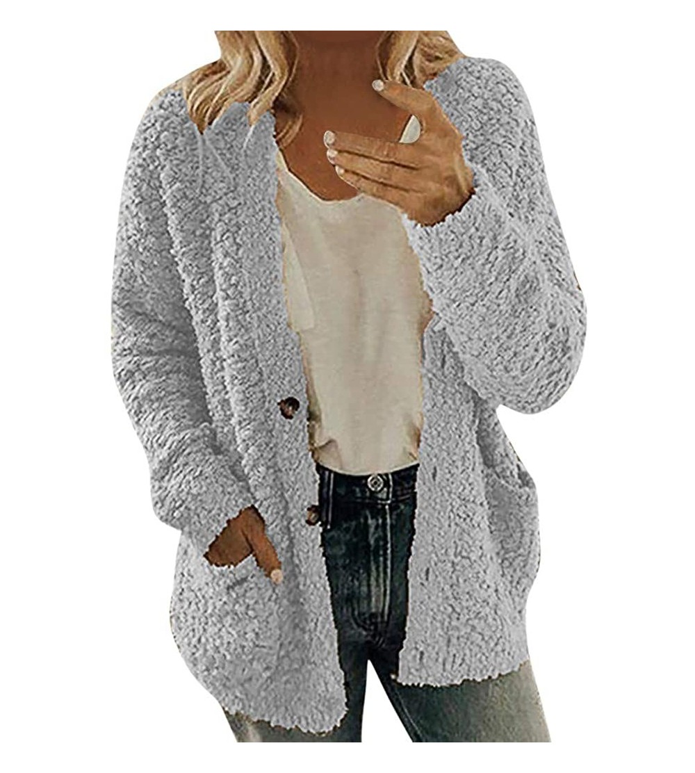 Tops Fleece Jacket Women Pullover Button up Fuzzy Warm Coat Shearling Sherpa Fluffy Outwear Cardigan Sweatshirt Pocket Gray -...