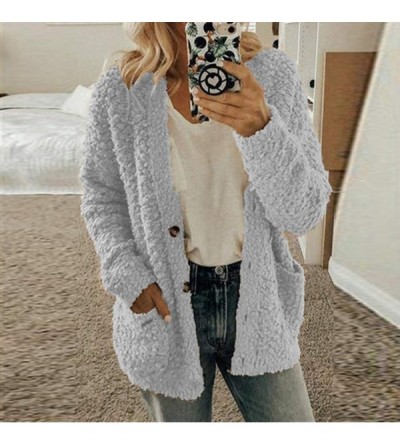 Tops Fleece Jacket Women Pullover Button up Fuzzy Warm Coat Shearling Sherpa Fluffy Outwear Cardigan Sweatshirt Pocket Gray -...