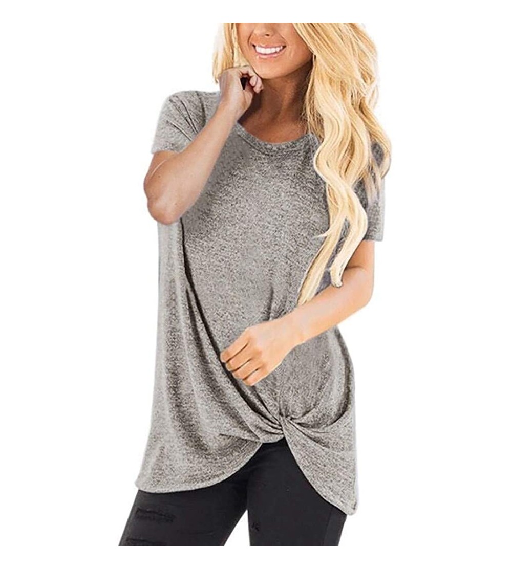 Thermal Underwear Women's Casual Solid Color Short Sleeve O-Neck Shirt Knotted Top T-Shirt - Light Gray - CQ1944RKCX0 $12.95