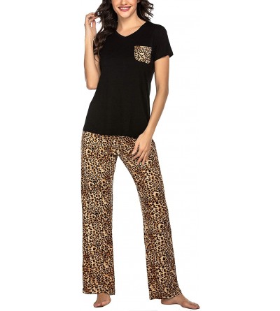 Sets Womens Pajamas Pants Sets V-Neck Short Sleeve Sleepwear Soft Pj Sets - 1 Leopard - CT18ALRO2W5 $31.31