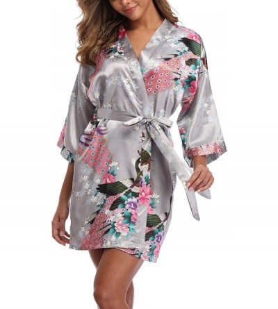 Robes Women's Short Floral Kimono Robe Peacock and Blossom Bathrobe for Wedding Party - Grey - C018LH46G20 $15.36