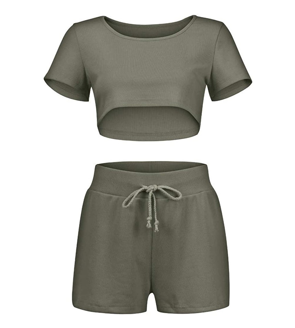 Sets Womens 2 Piece Outfits Jogger Set Short Sleeve Crop Top and Shorts Pants Suit Tracksuit Home Pajamas Army Green - C1190E...