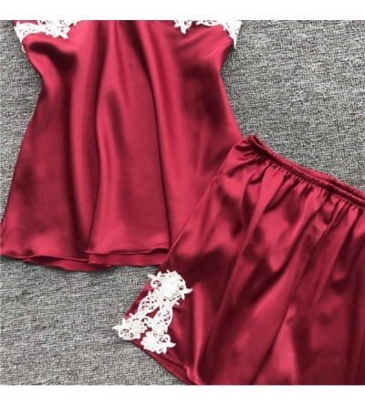 Sets Women's Lace Satin Pajama Set Lingerie Cami Shorts Pjs with Pants Babydoll Nightwear Dress 5pcs Suit - Wine - CK194EEMQN...
