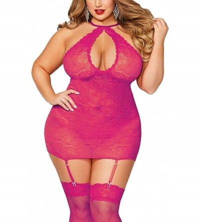 Accessories Women Sexy Halter Lingerie Plus Size Lace Bodysuit Chemise Nightdress with Garters - Hot Pink - C3199XM82O7 $34.83
