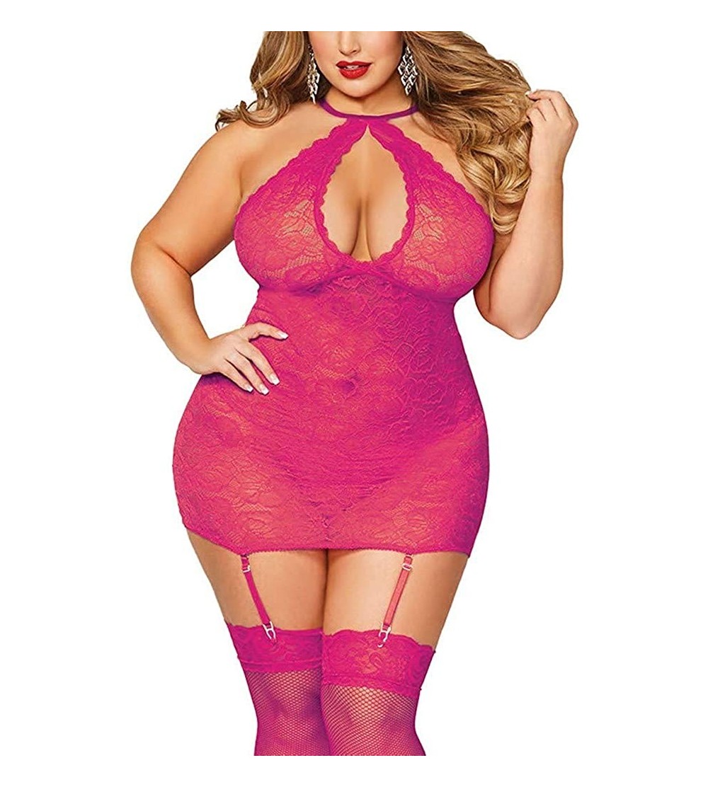 Accessories Women Sexy Halter Lingerie Plus Size Lace Bodysuit Chemise Nightdress with Garters - Hot Pink - C3199XM82O7 $19.71