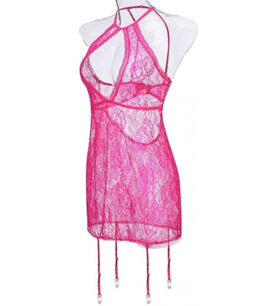 Accessories Women Sexy Halter Lingerie Plus Size Lace Bodysuit Chemise Nightdress with Garters - Hot Pink - C3199XM82O7 $19.71