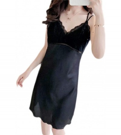 Nightgowns & Sleepshirts Women Sexy Sleepwear Lace Spaghetti Strap Satin Sleepwear Nightgown - Black - CV19CTZ0EEW $21.66