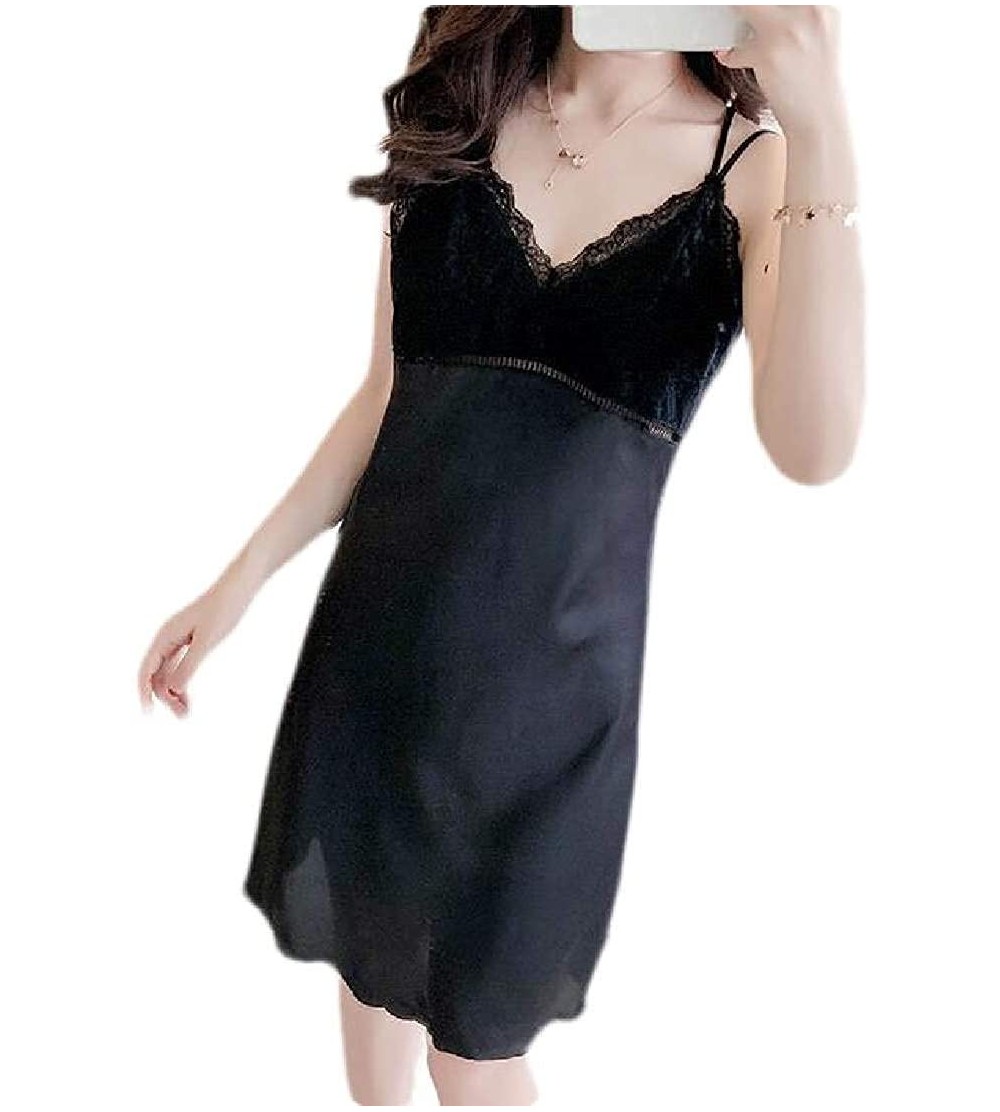 Nightgowns & Sleepshirts Women Sexy Sleepwear Lace Spaghetti Strap Satin Sleepwear Nightgown - Black - CV19CTZ0EEW $21.66