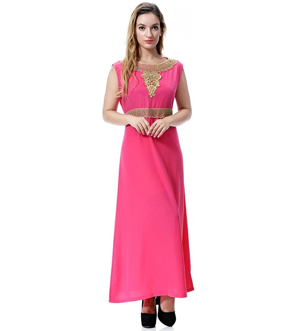 Robes Women's Muslim Islamic Sleeveless Applique Round Neck Maxi Dress - Rose Red - CE198D8I8EH $21.90