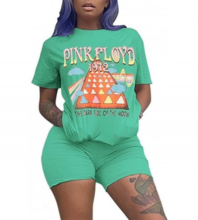 Sets Women Casual 2 Piece Outfit Short Sleeve Cartoon Print T-Shirts Bodycon Shorts Set Jumpsuit Rompers - Turquoise - CH190X...