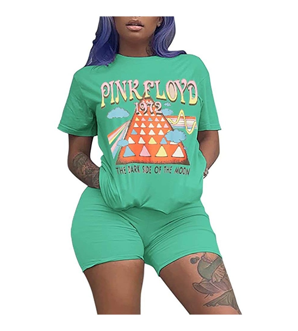 Sets Women Casual 2 Piece Outfit Short Sleeve Cartoon Print T-Shirts Bodycon Shorts Set Jumpsuit Rompers - Turquoise - CH190X...