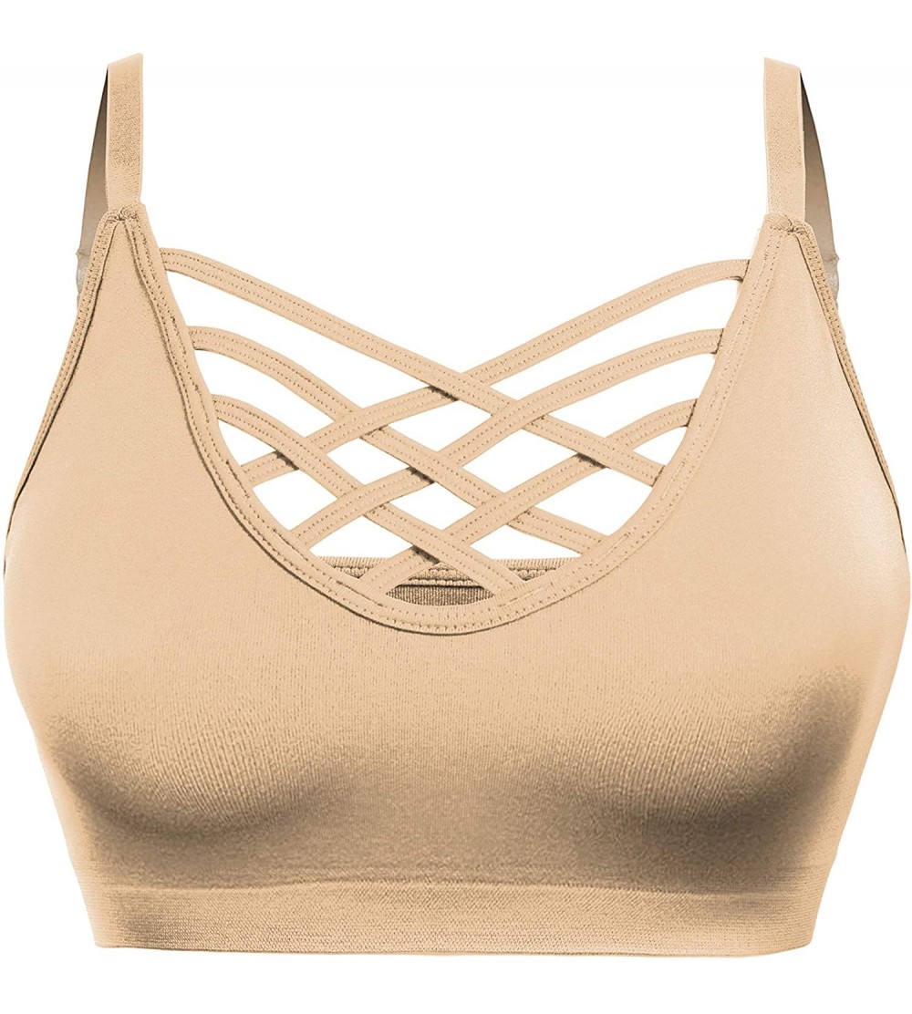 Bras Womens Comfort Cami Crop Top Seamless Crisscross Front Strappy NO Padded Bralette Sports Bra Top (S~3XL) - Np62-sand - C...
