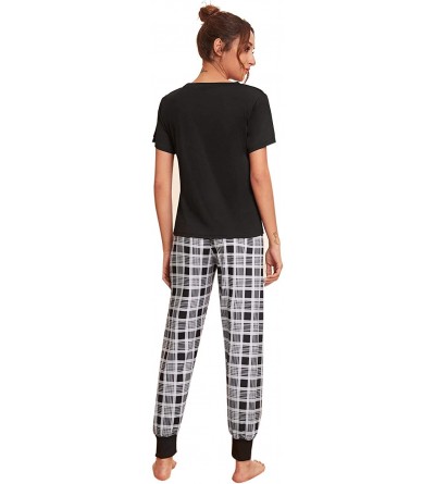 Sets Women's Letter Print Tee and Plaid Pants Pajama Set Sleepwear - Black Plaid - CJ195SQO6RN $21.32